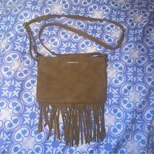 Victoria's Secret Crossbody Bag Purse Tan Leather Fringed Tassel Pouch 6X9x1